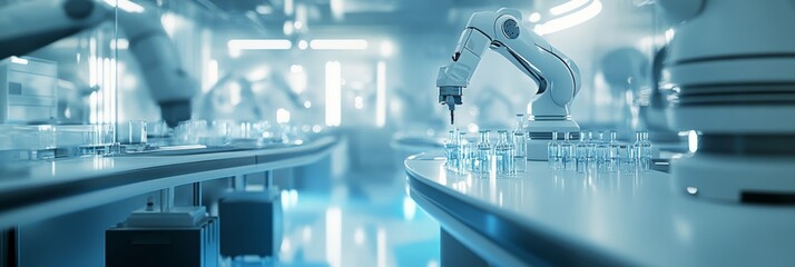 Poster - Close-up of an automated robotic arm handling vials in a medical laboratory for virus research. Advanced technology for healthcare and disease prevention.