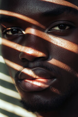 Wall Mural - portrait of african american man close up with shadows on face stripes shadows on face Generative AI