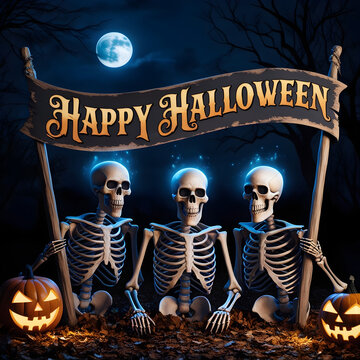 Halloween Party Night: Skeletons Displaying Wooden Banner Under a Haunting Sky