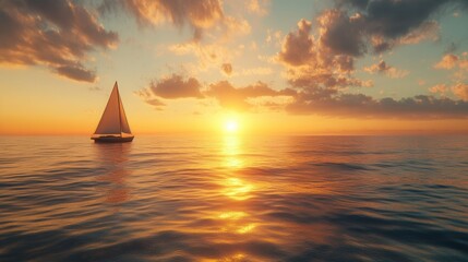 A sunset over a calm ocean, with a sailboat in the distance and waves gently lapping against the shore, creating a peaceful and serene scene