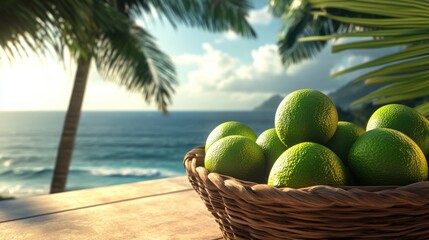 Fresh limes in a basket on a sunlit patio, with the ocean and palm trees in the background