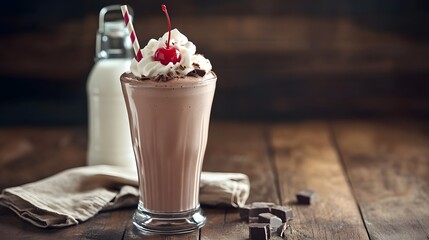 Chocolate milkshake with whipped cream and cherry, served with chocolate pieces and a glass of milk on a wooden table.