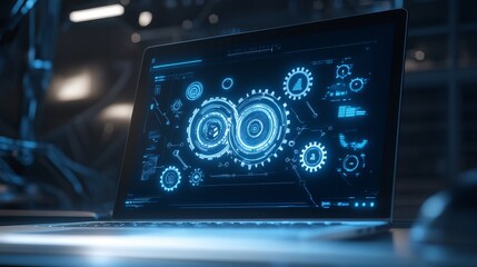 A white laptop screen shows gears, representing technology, business solutions, and settings.  The abstract design uses blue neon lights and geometric shapes like triangles, lines, and dots.