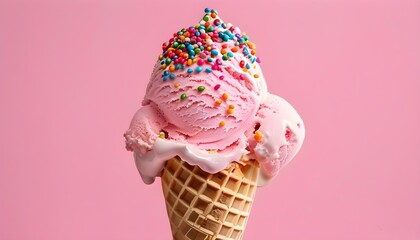 Wall Mural - Indulgent pink soft serve ice cream cone topped with vibrant sprinkles against a delightful pink backdrop for a visually appealing treat.