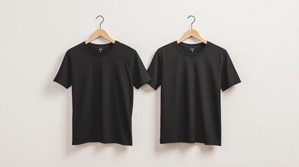 Wall Mural - Two black t-shirts hanging on wooden hangers against a white background.