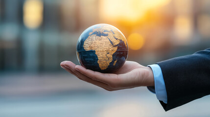 Businessperson holding a globe in their hand, representing global business, leadership, and international strategy.