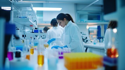 Poster - Female Scientist Working in a Laboratory with Test Tubes and Chemicals