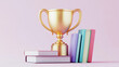 © Enjoy - A golden trophy stands proudly beside colorful books and green plant, symbolizing achievement and knowledge. This vibrant composition evokes sense of success and learning