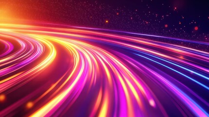 Poster - Abstract glowing lines and particles background with vivid neon colors.