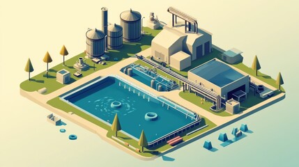 Isometric illustration of a water treatment plant with large tanks and a pool.