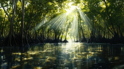 Aufkleber - A panoramic shot of a mangrove forest with sunlight filtering through the dense canopy, creating dappled patterns on the water below and showcasing the lush environment.