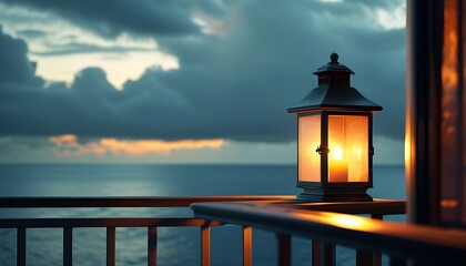 Sticker - Warm lantern light on a balcony overlooking a dark, cloudy ocean, creating an atmosphere of tranquility and mystery.