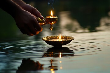 Person holding lit gold candle in calm water, peaceful and elegant scene