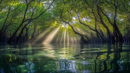 Aufkleber - A panoramic shot of a mangrove forest with sunlight filtering through the dense canopy, creating dappled patterns on the water below and showcasing the lush environment.