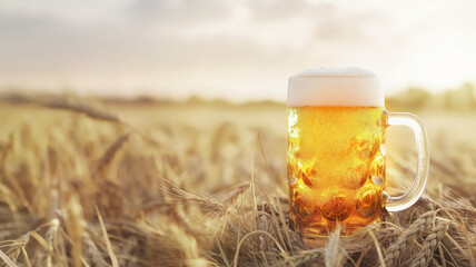 Frosty mug of beer with foam resting in a wheat field at sunset. Scene captures refreshing and rustic essence of a summer evening