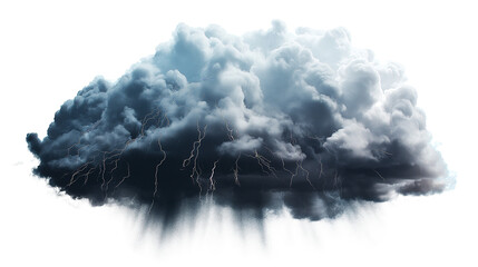 dark rainy stormy cloud with lightning and rain isolated on transparent and white background, cut ou