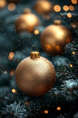 Wall Mural - a glittering gold christmas ornament hangs on a snow-covered tree branch with soft bokeh lights glow