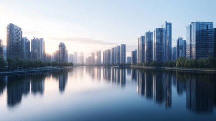 Aufkleber - A panoramic view of sleek high-rise buildings lining a river, with reflections on the water and a clear sky, capturing the modern cityscape and tranquil waterway.