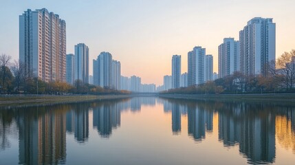 Aufkleber - A panoramic view of sleek high-rise buildings lining a river, with reflections on the water and a clear sky, capturing the modern cityscape and tranquil waterway.