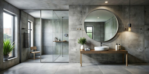 Wall Mural - Modern concrete bathroom with a round mirror and shower , contemporary,grey, concrete, bathroom, round mirror