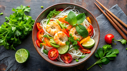 Wall Mural - Vietnamese rice noodle salad bowl with fresh vegetables, herbs, and grilled shrimp, Vietnamese, rice noodle, salad