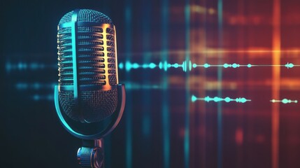 Poster - Vintage microphone with blue and orange light and audio wave in the background.