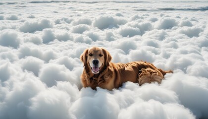 Wall Mural - Golden retriever resting peacefully in a serene, cloud-like setting of soft white textures