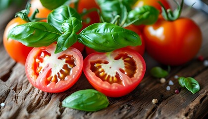 Wall Mural - Vibrant close-up of freshly sliced tomatoes and basil leaves on rustic wooden table, showcasing culinary artistry and food photography excellence