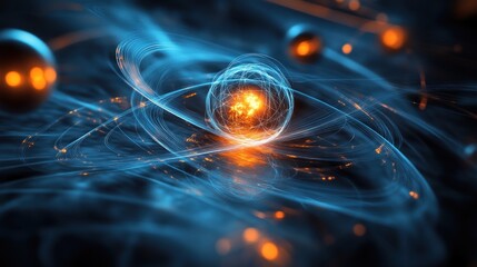 Wall Mural - Abstract glowing orb surrounded by blue and orange light trails on a dark background.