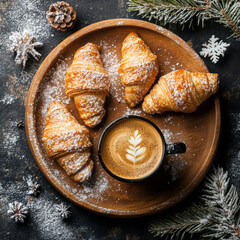 Wall Mural -  coffee with croissant on dark background with copy space on wooden plate and snowflakes