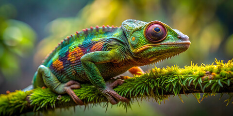 Amazing chameleon resting on mossy twig in Madagascar, staring at camera , Madagascar, chameleon, wildlife, reptile, nature