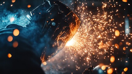 Welder wearing a protective mask sparks flying in the air.