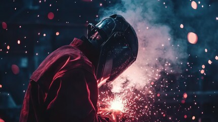 Welder in red jumpsuit with helmet down welding with sparks and smoke flying in the air.