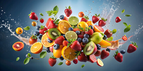 Fruits being thrown up in the air with a burst of colors , fun, playful, vibrant, fresh, healthy, motion, excitement, flying