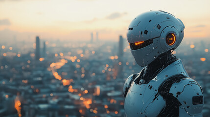 Poster - A robot stands in front of a city skyline at dusk