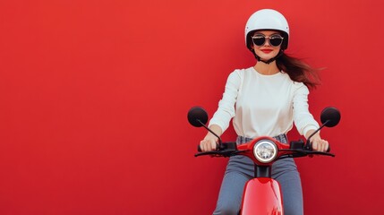 Woman in white shirt and sunglasses riding a red scooter against a red wall.