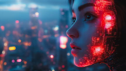 Poster - A woman with a face made of computer chips and a city in the background