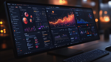 Poster - A computer monitor displays a number of graphs and charts