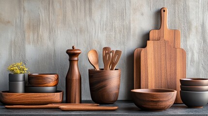 Wall Mural - Set of wooden kitchen utensils on grey background.