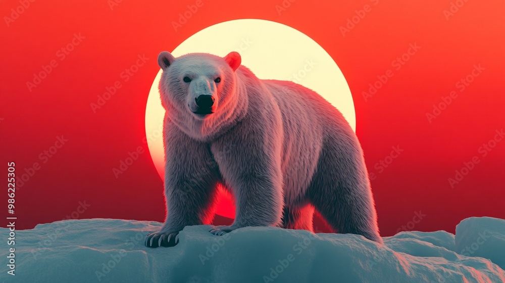 Polar bear on a shrinking iceberg with the sun setting behind, a symbol ...