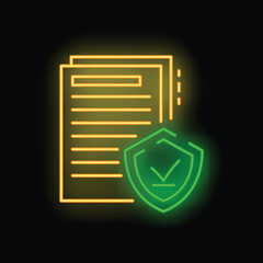 Poster - Neon icon of documents with shield representing online data protection, internet security concept