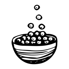 Bowl of chocolate balls for breakfast hand drawn doodle. Morning food for kids and adults. Deep plate. Kitchen utensils. Vector sketch line art illustration.