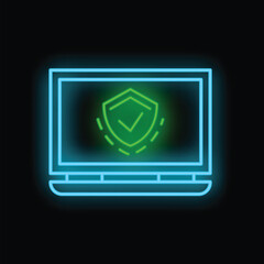 Sticker - Neon green shield with checkmark displayed on a laptop screen, symbolizing cybersecurity and data protection