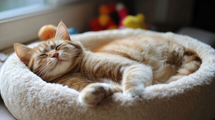 Poster - A plump cat snoozing in a plush cat bed, with its belly visible and a serene look, surrounded by a few favorite toys.