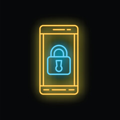 Poster - Neon icon of a smartphone displaying a security padlock, representing mobile phone security
