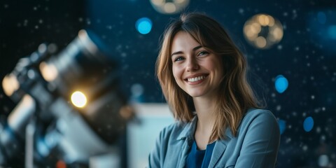 Poster - A smiling woman stands confidently in a studio setting full of creative energy. The background is filled with soft lights, creating a dreamy atmosphere. 