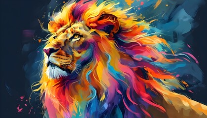 Majestic lion with a vibrant, flowing mane radiating power and creativity in an artistic portrayal