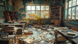 © OMGAi - devastated school building filled with desks, scattered books, and overgrown plants creates haunting atmosphere of neglect and abandonment. sunlight filters through broken windows, illuminating