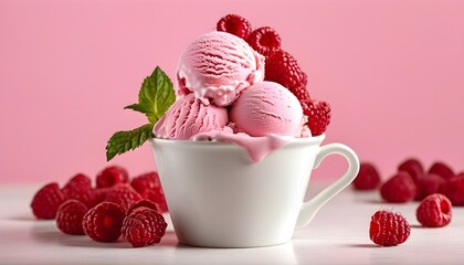 Wall Mural - Tempting pink raspberry soft serve ice cream topped with fresh raspberries in a white cup on a vibrant pink backdrop