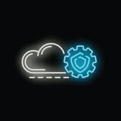 Poster - Neon icon of a cloud with a gear and shield representing cloud computing security